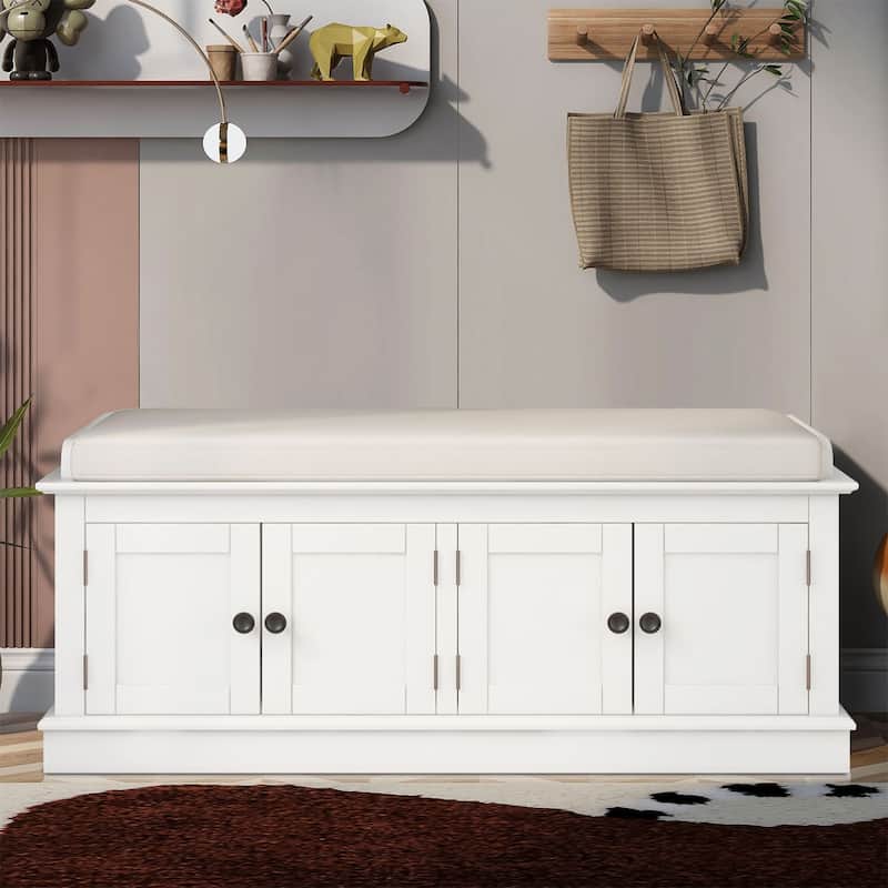 Classic Vintage Wooden Storage Bench with Two Cabinets - White