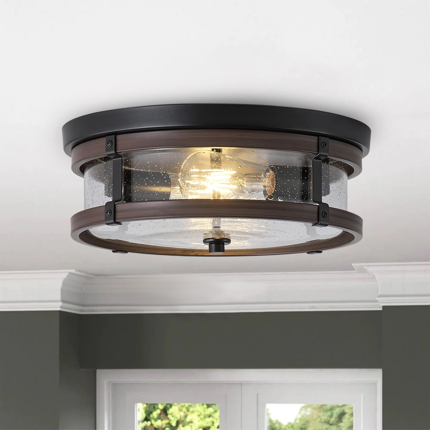 Oil Rubbed Bronze 2-Light Flush Mount Close to Ceiling Light with Seeded Glass Shade