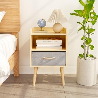 Nightstand With Collapsible Fabric Drawer, 2-Tier Storage End Table, Wood Side Table with Storage Cabinet - Oak