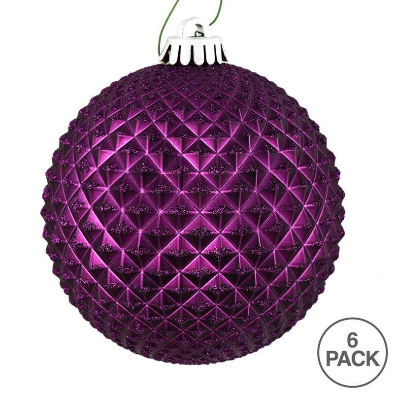 Vickerman 4" Plum Durian Glitter Ball Ornament, 6 per Bag - Purple
