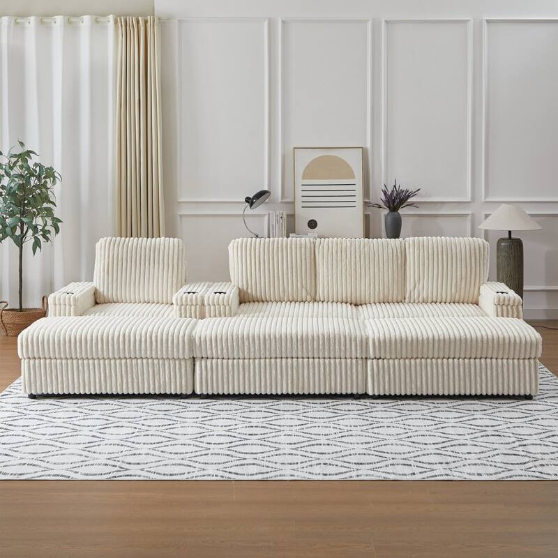 3-seater Modern Sofa with Corduroy Single Sofa, Cup-holding Grooves and 3 Ottomans - Beige