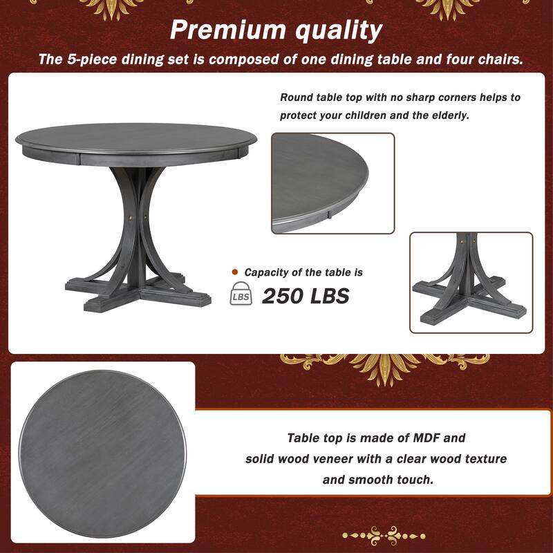 Classic Round 5-Piece Dining Table Set with Cross-Leg Design and Upholstered Seating for Kitchen or Bistro