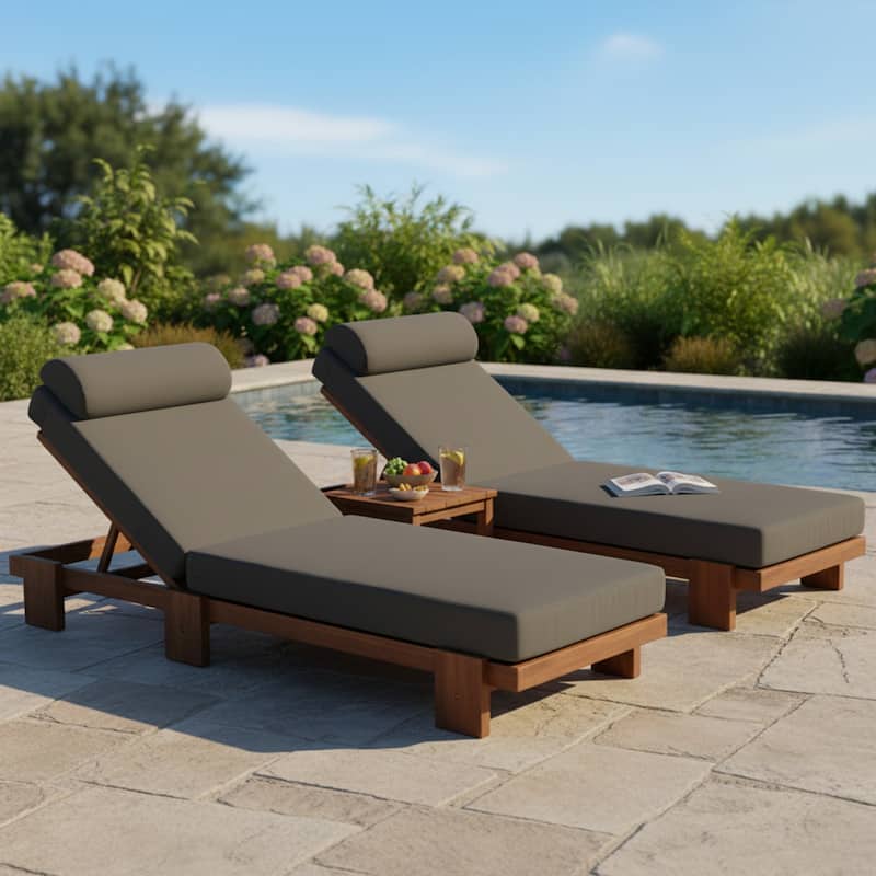 78.8'' Acacia Wood Outdoor Chaise Lounge Adjustable Recliner with Headrest & Retractable Side Tray - N/A - 2 Piece DarkGray
