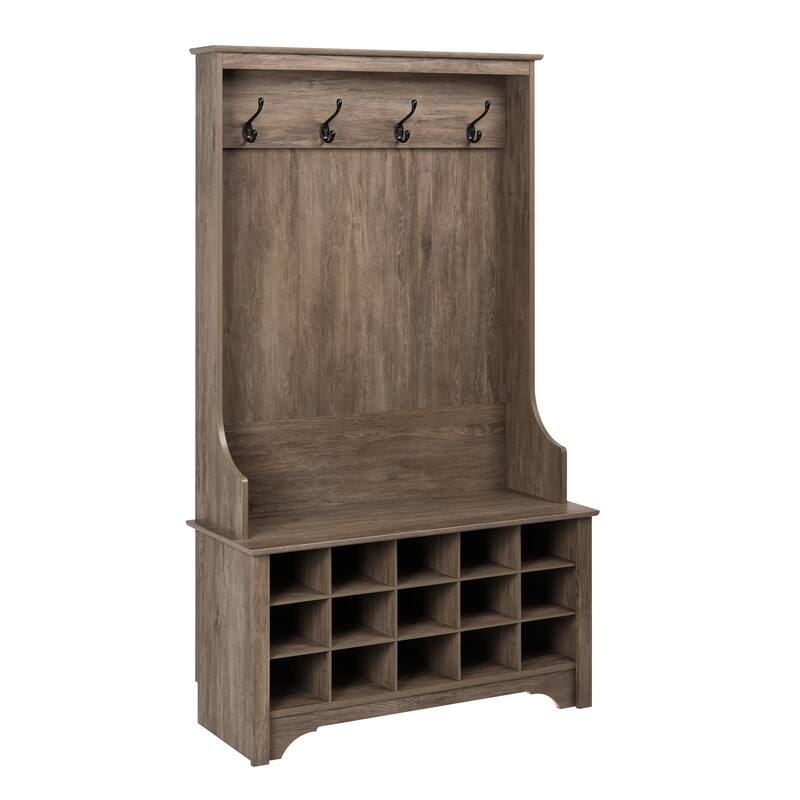 Prepac Hall Tree with Bench and Shoe Storage, Mudroom Bench with Storage and Hooks