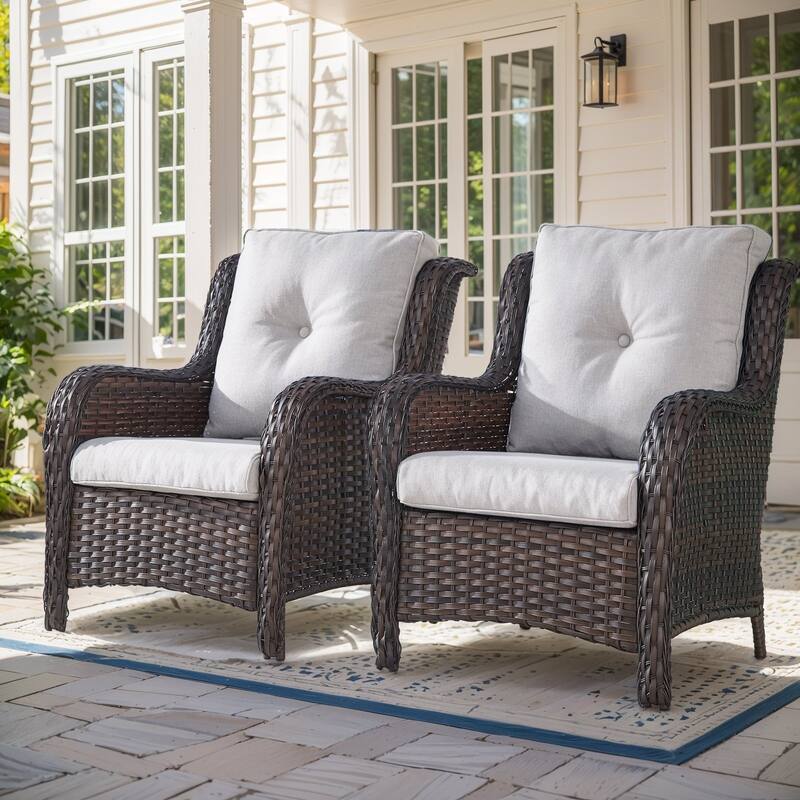 Outdoor Arm Chair with Cushion Rattan Chair - Brown Rattan - Beige Cushion - 2PCS - Patio Chair