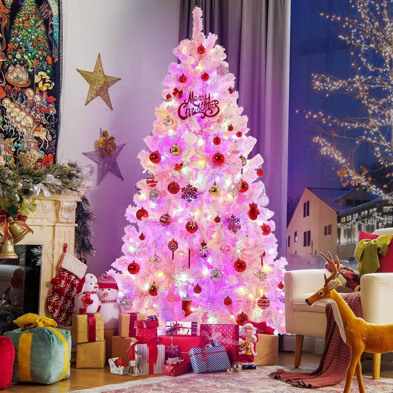 6 FT Snow Flocked Pink Pre-Lit Artificial Xmas Christmas Tree for Home Office - 6FT