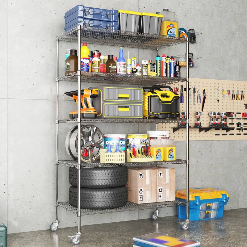 47''W x 24''D x 72''H 5 Tier Heavy Duty Adjustable Kitchen Shelving Unit, Wire Storage Shelves with Wheels