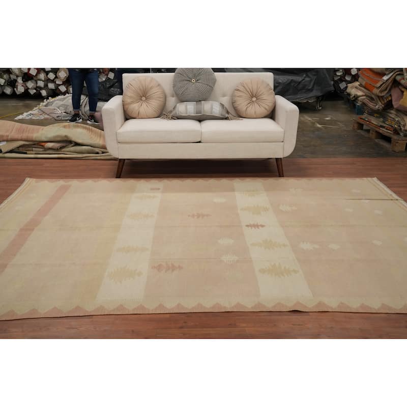 Hand Woven Oriental 100% Wool Carpet Southwestern Tribal Pink Kilim Area Rug - 9' 10'' X 6' 7''