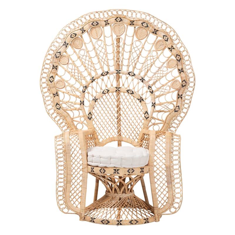 Nafisa Natural Rattan Peacock Chair - Handwoven Wicker Accent Chair with Fan Backrest and Removable Cushion, Boho Accent Seating