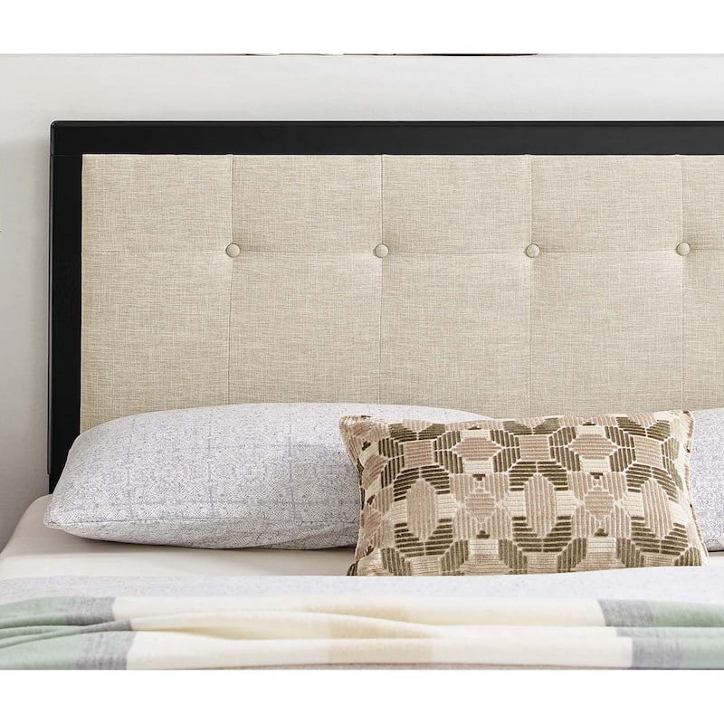 Marlin Traditional Beige Fabric Button Tufted King Size Black Wooden Headboard