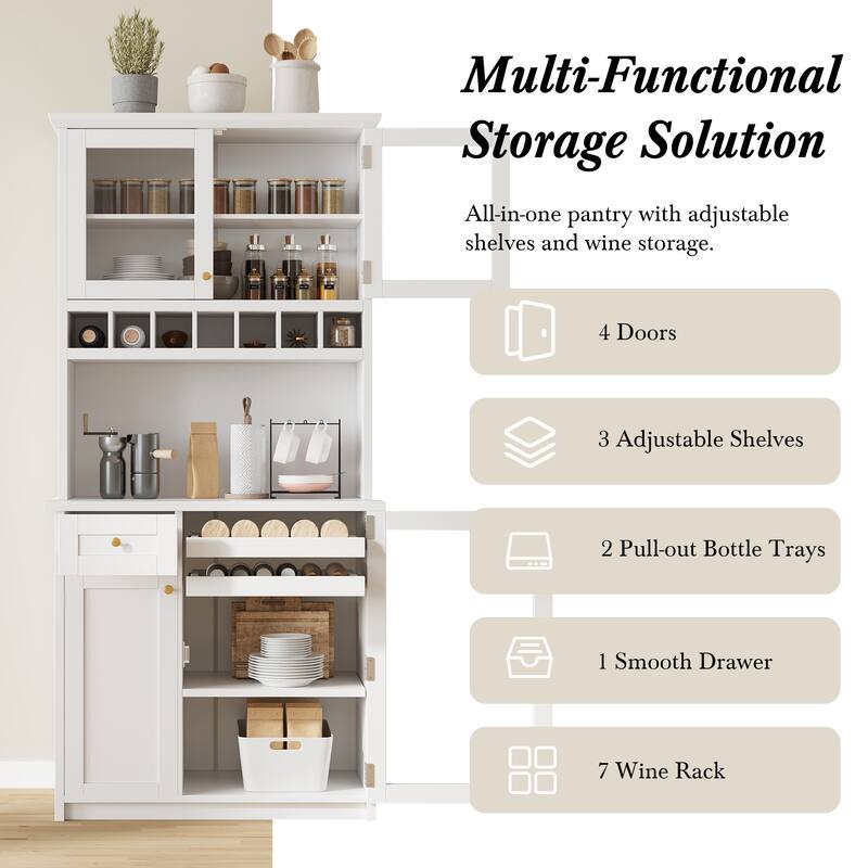 Roomfitters Farmhouse Kitchen Pantry Buffet Hutch with Wine Rack and Glass Doors, Tall Storage Cabinet