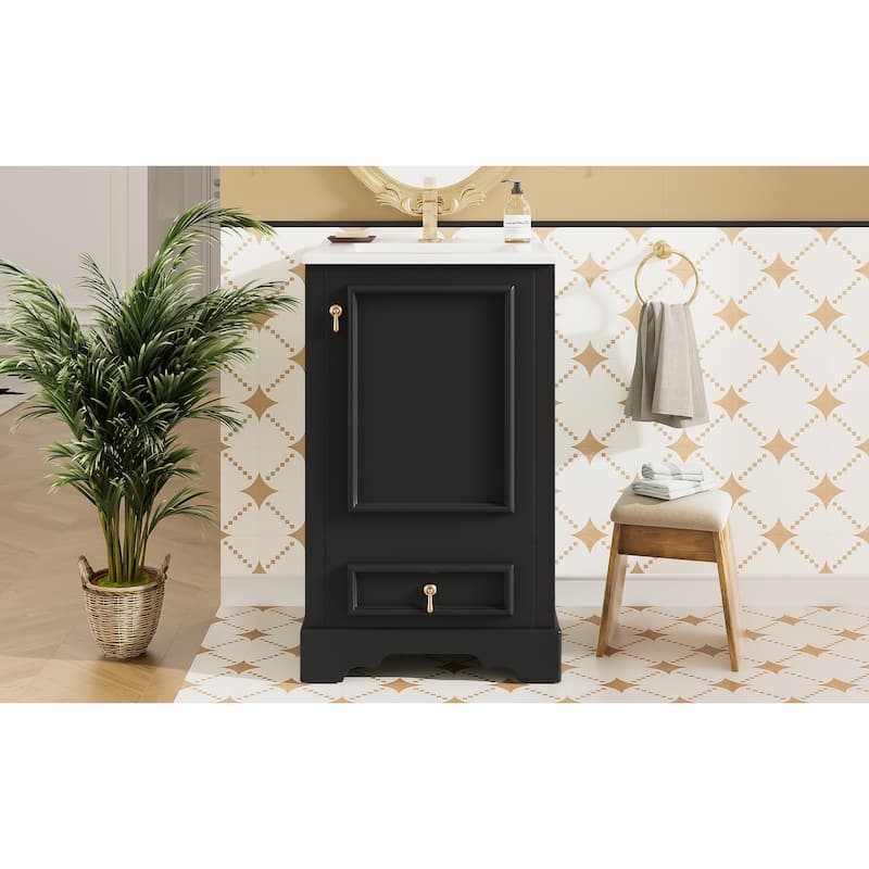 20 Inch Bathroom Vanity With Ceramic Sink, Soft Close Door, Adjustable U-Shaped Shelf, Compartment Drawer And Door Storage Rack
