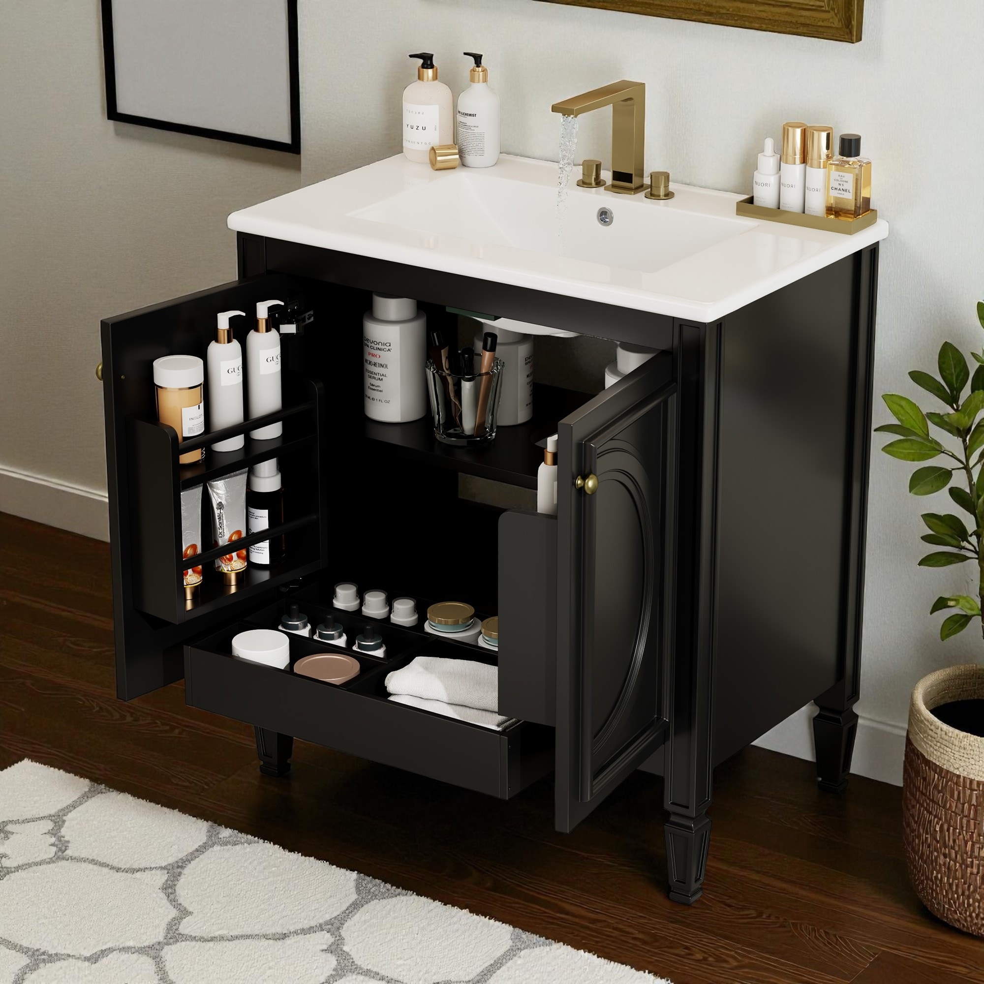 30" Bathroom Vanity with Ceramic Sink, 2 Soft-Closing Doors with Shelf, Functional Drawer, Vintage Freestanding Cabinet