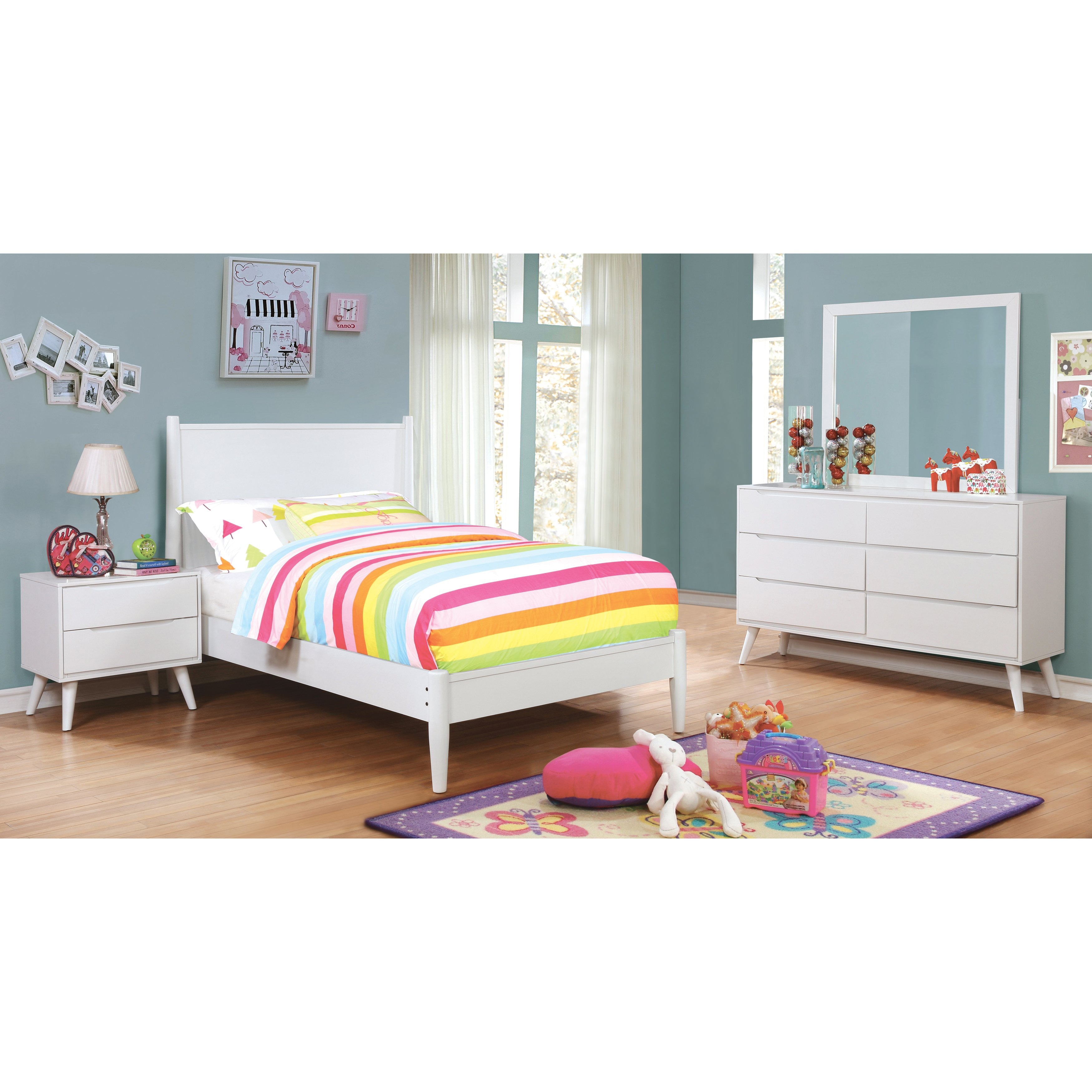 Fopp Mid-Century Modern White Wood 4-Piece Platform Bedroom Set by Furniture of America