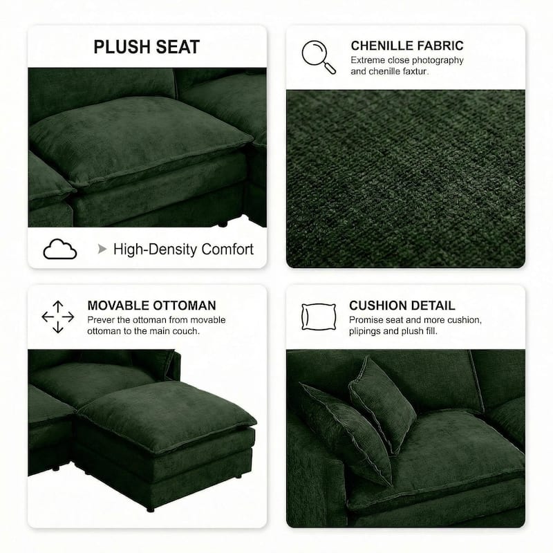 Homy Casa 102" L-Shaped Modular Sectional Sofa Movable Ottoman, Cloud-Style Chenille Couch, DIY Combination for Living Room Tray