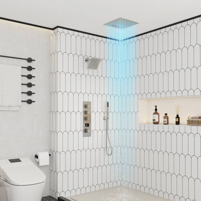 CASAINC Dual Heads 12 Inch Thermostatic Shower Head Shower System with 64 Color LED Light Bluetooth Control Music