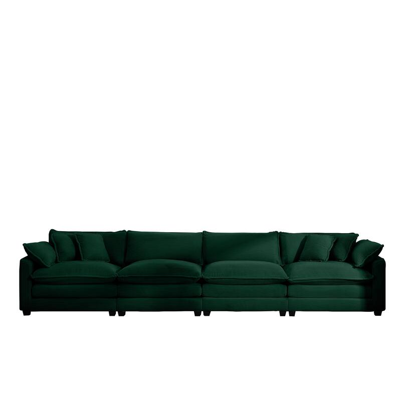 Corduroy Fabric Sectional Sofa Set with Seat Cushions and Pillows, 4 Seater Upholstered Sofa with Removable Armrests - Green