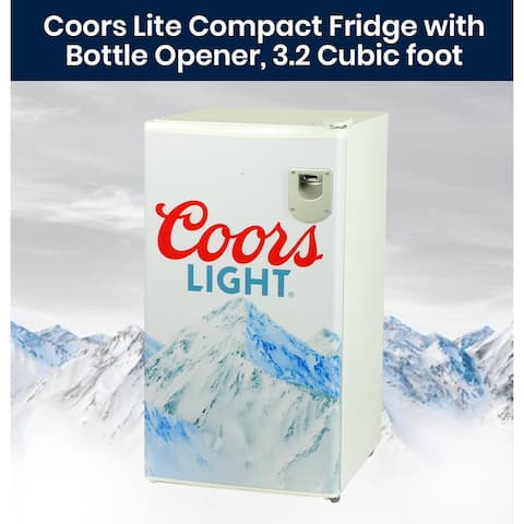 Coors Light Compact Fridge w/ Bottle Opener, 3.2 cu ft (90L), White, Flat Back, Reversible Door