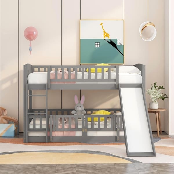 slide 2 of 54, Solid Wood Low Bunk Bed with Slide,Fence and Ladder Grey - Twin