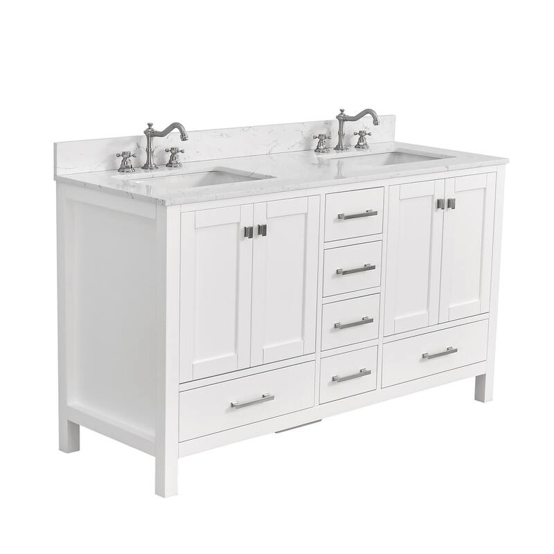 PROOX 60 inch Freestanding Bath Vanity Engineered Countertop and Double Ceramic Sink - White