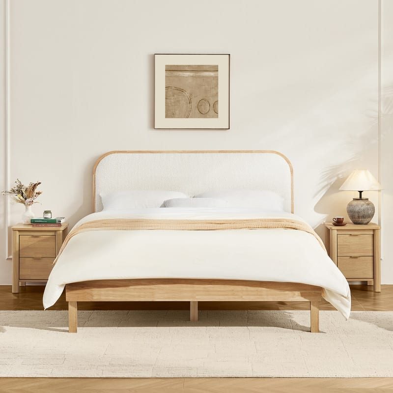 Spruce & Spring Modern Round Boucle Upholstered Platform Bed with Solid Wood Frame - Natural - Queen