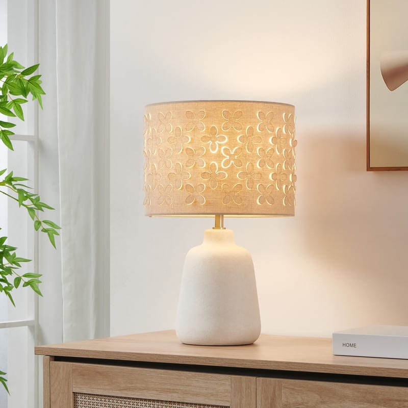 KAWOTI Modern White Ceramic Table Lamp with Floral Cutting Shade - W11" x H17.25" - W11" x H17.25"