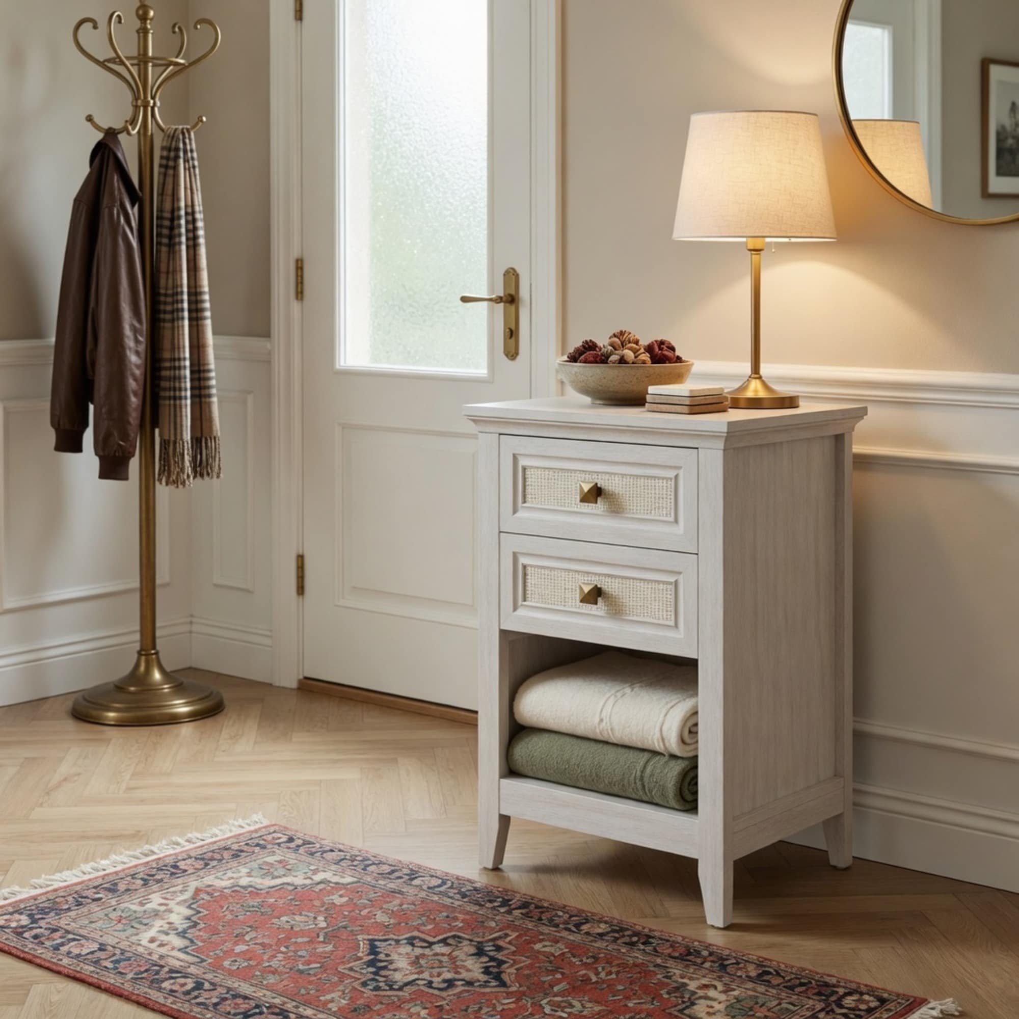 White Nightstand with Rattan Drawers and Open Shelf