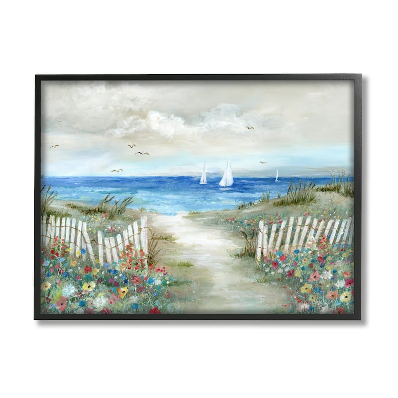 Stupell Tranquil Beachside Flower Meadow Ocean Sailboats Scene Framed Wall Art, Design by Nan
