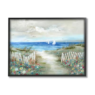 Stupell Tranquil Beachside Flower Meadow Ocean Sailboats Scene Framed Wall Art, Design by Nan