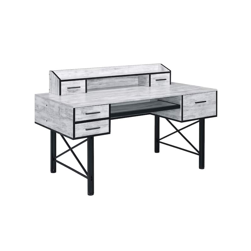 59" Antiqued White and Black Computer Desk With Five Drawers