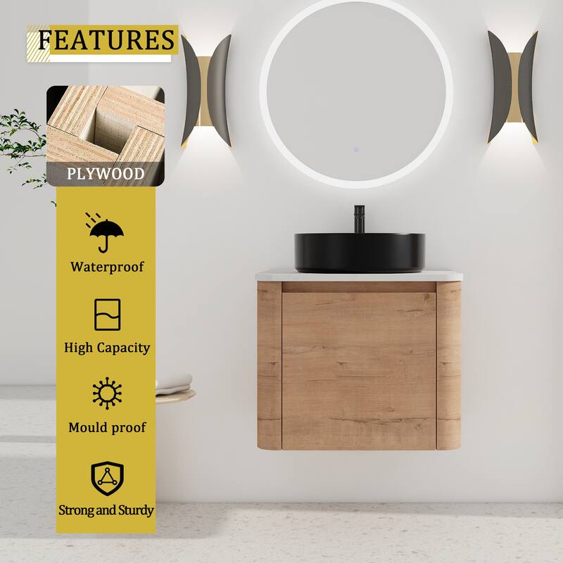 24'' Wall-Mounted Bathroom Vanity With Ceramic Art Sink & 1-Soft-Close Door,KD-Packing, Plywood