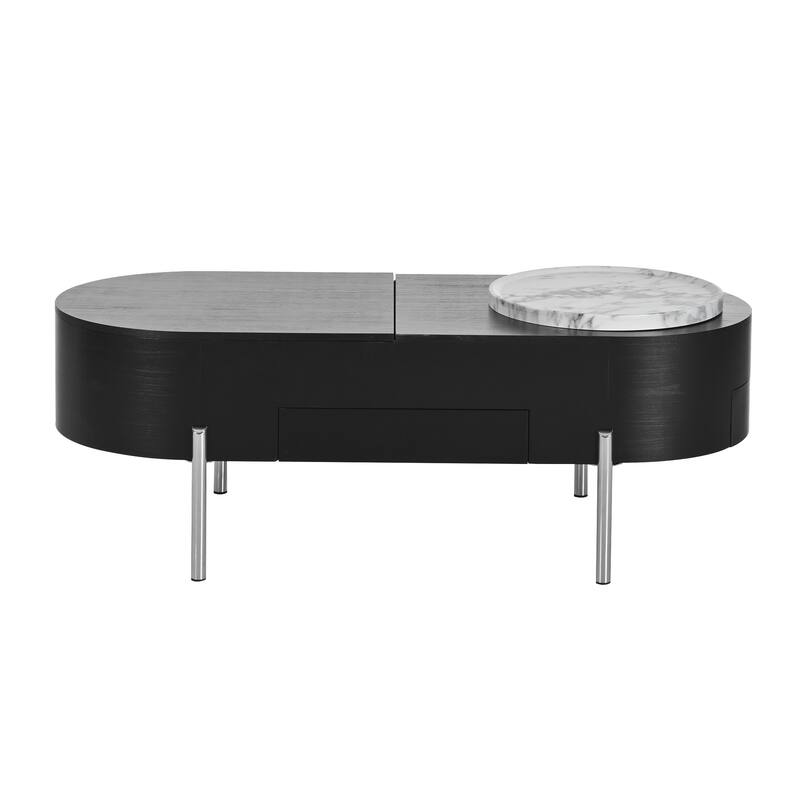 47.2" Lift Top Coffee Table with 360° Rotating Tray - Marble-Patterned Modern Oval Table with Hidden Compartment for Living Room