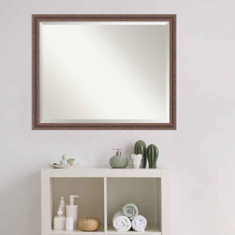Beveled Wood Bathroom Wall Mirror - Distressed Rustic Brown Frame - Distressed Rustic Brown