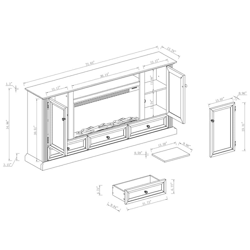 Farmhouse 72" TV Stand with Fireplace - Accommodates up to 75" TV - 73"W x 35"H x 14"D