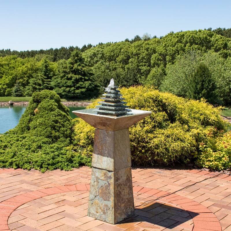 Sunnydaze Layered Pyramid Slate Outdoor Fountain with LED Light - 40"