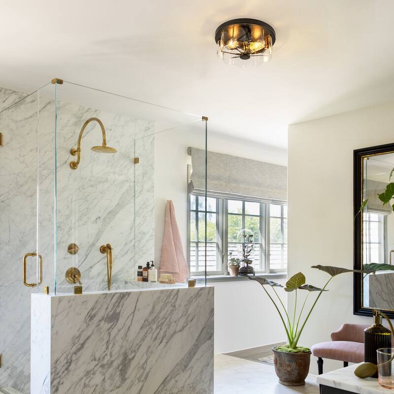 2-light Modern Farmhouse Matte Black Flush Mount Ceiling Light with Clear Flower-Shaped Glass Shade