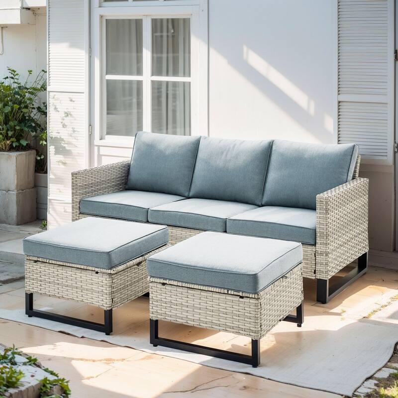 3 Pieces Outdoor Wicker Sofa with Ottomans Light Grey - Baby Blue - Light Grey - Light Grey - Baby Blue