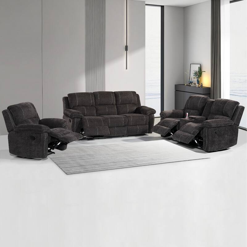 3PC Modern Fabric Manual Recliner Sofa Set, Couch, Loveseat w/Console, Recliner - Black