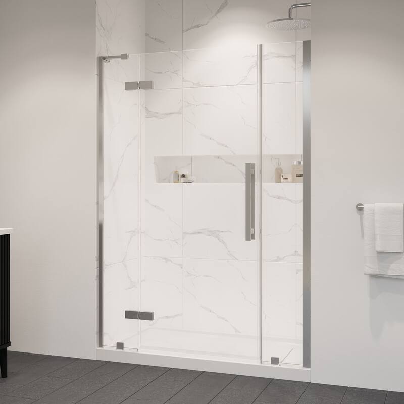 OVE Tampa Alcove Frameless Pivot Hinge Shower Door Kit with Base Pan, 2025 - Satin Nickel - 54"x36"