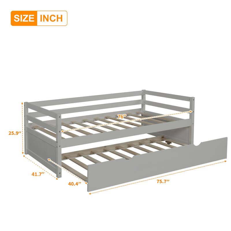 Twin Size Gray Daybed with Trundle Frame Set, No Box Spring Needed