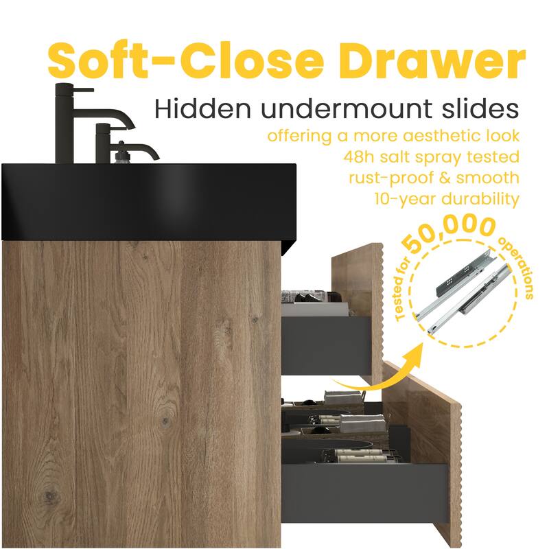 GDFStudio - Grace Wall-Mounted Bathroom Vanity with Engineered Quartz Sink & Soft Close Drawers, without Drainage and Faucet