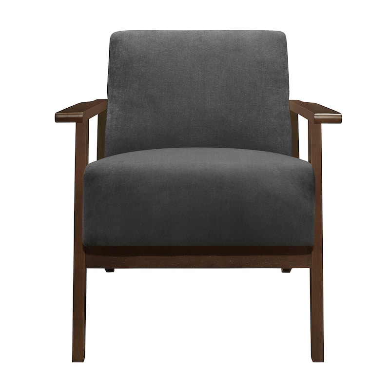 Rica 32 Inch Accent Armchair, Dark Gray Velvet, Walnut Brown Solid Wood