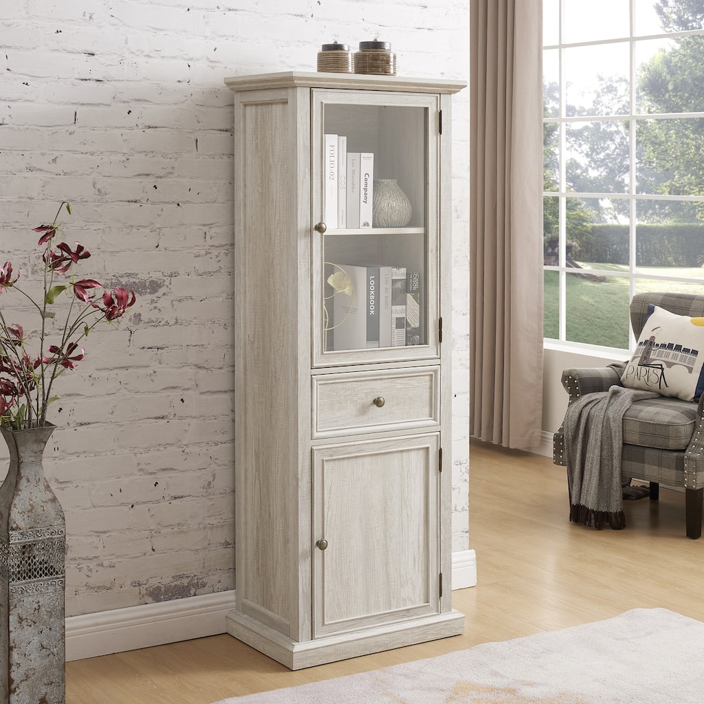 GDFStudio - Modern Storage Tall Cabinet with Glass Door and Drawer