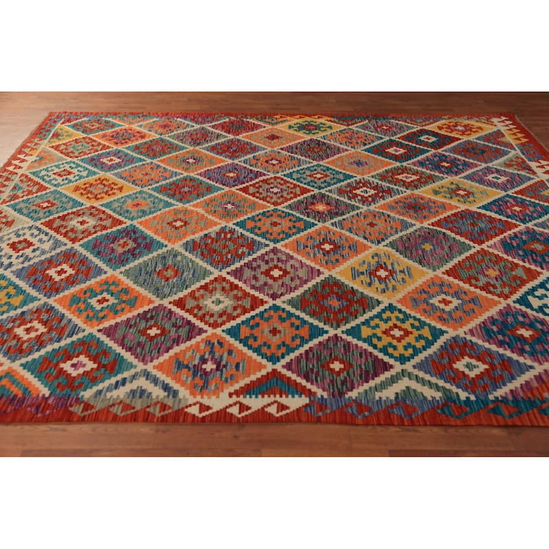Trellis Kilim Oriental Area Rug Flatweave Reversible Wool Carpet - 8'2"x 9'7"