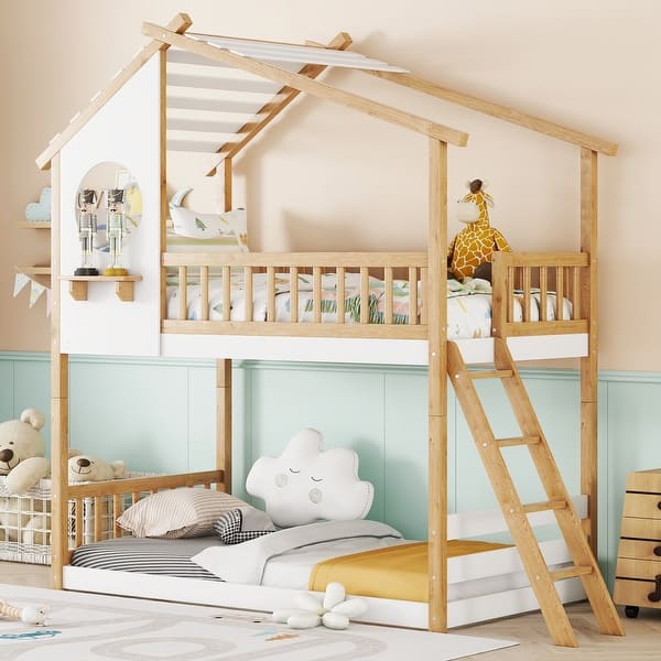 slide 2 of 23, Twin Over Twin Wood Bunk Bed with Roof, Window, Ladder Natural