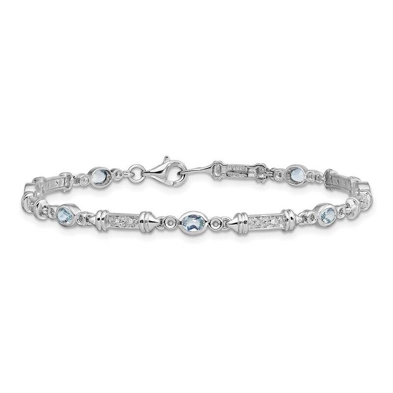 Curata 925 Sterling Silver Textured Polished Fancy Lobster Closure Aquamarine and Diamond Bracelet