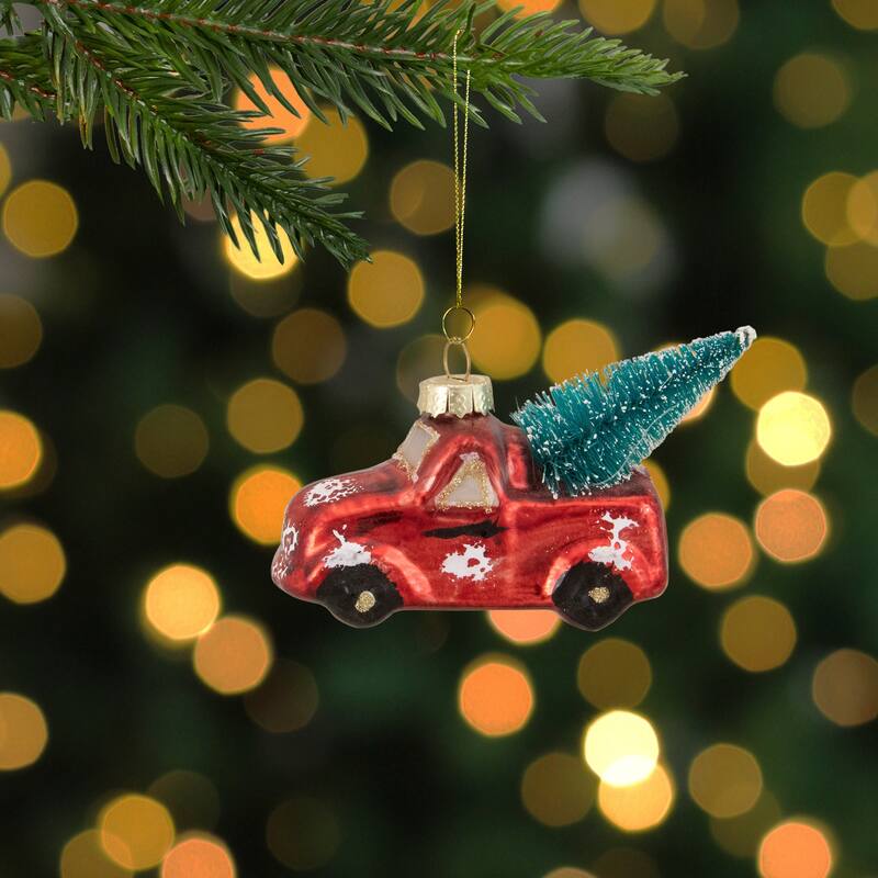 Metallic Truck with a Sisal Tree Glass Christmas Ornament - 3.75" - Red and White - 2.25"