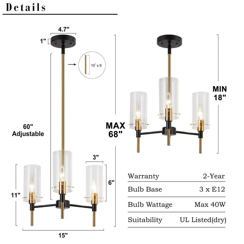 Alva Modern Farmhouse 3-Light Black Gold Chandelier Glass Pendant Light for Dining Room