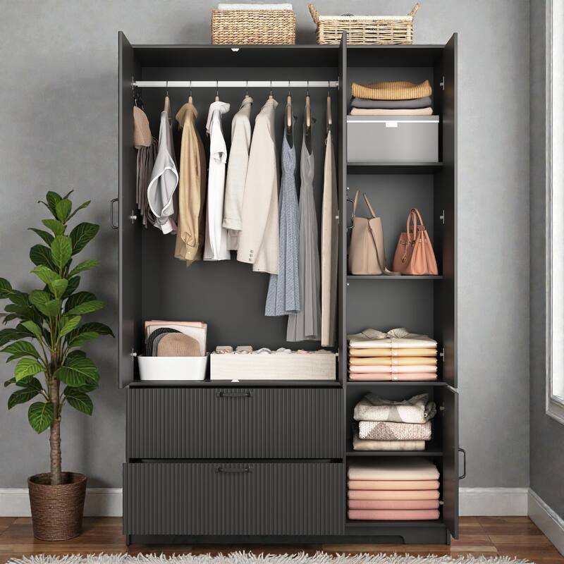 4 Door Wardrobe Closet with Mirror and LED Light, Wooden Wardrobe Cabinet with 2 Drawers Hanging Rod and Shelves