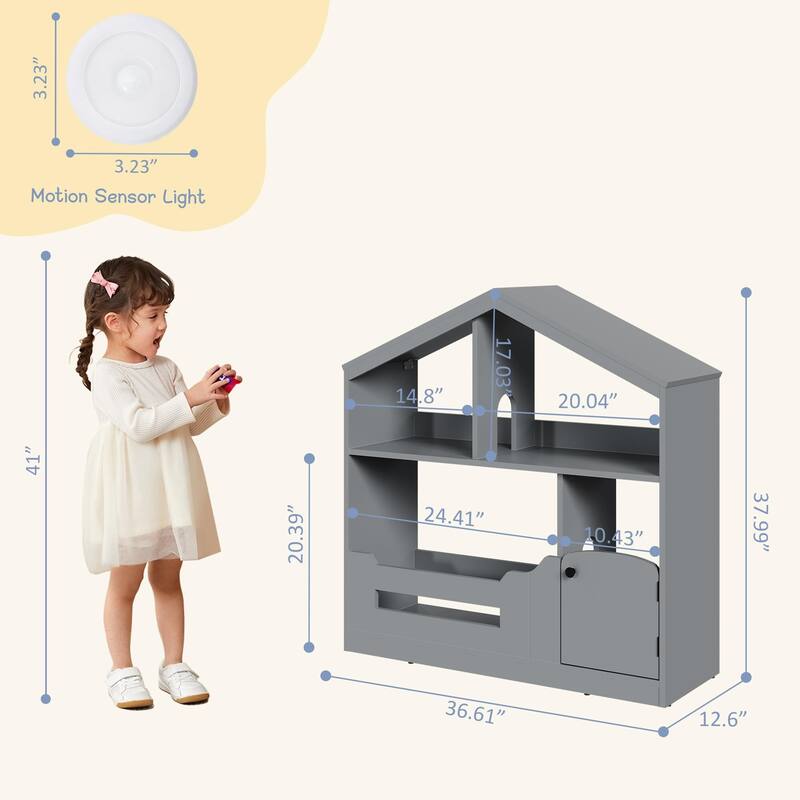 2-Tier Kids Bookshelf with Motion Sensor Light - Wooden Book Shelf, Toy Storage Organizer